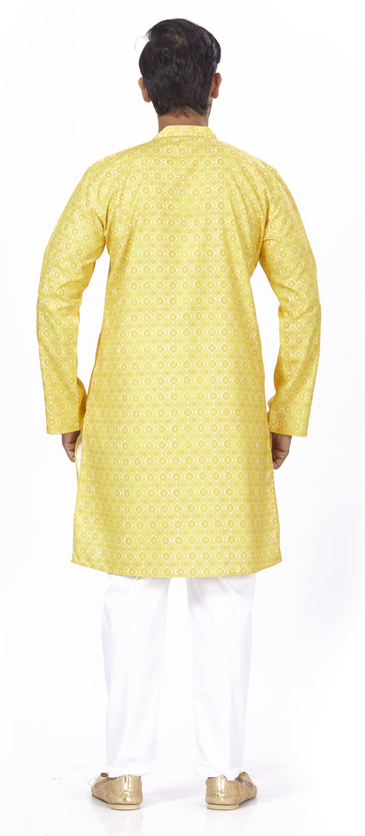 Men's Yellow Cotton Blended Relaxed Fit Printed Knee Length Kurta (Design 103)