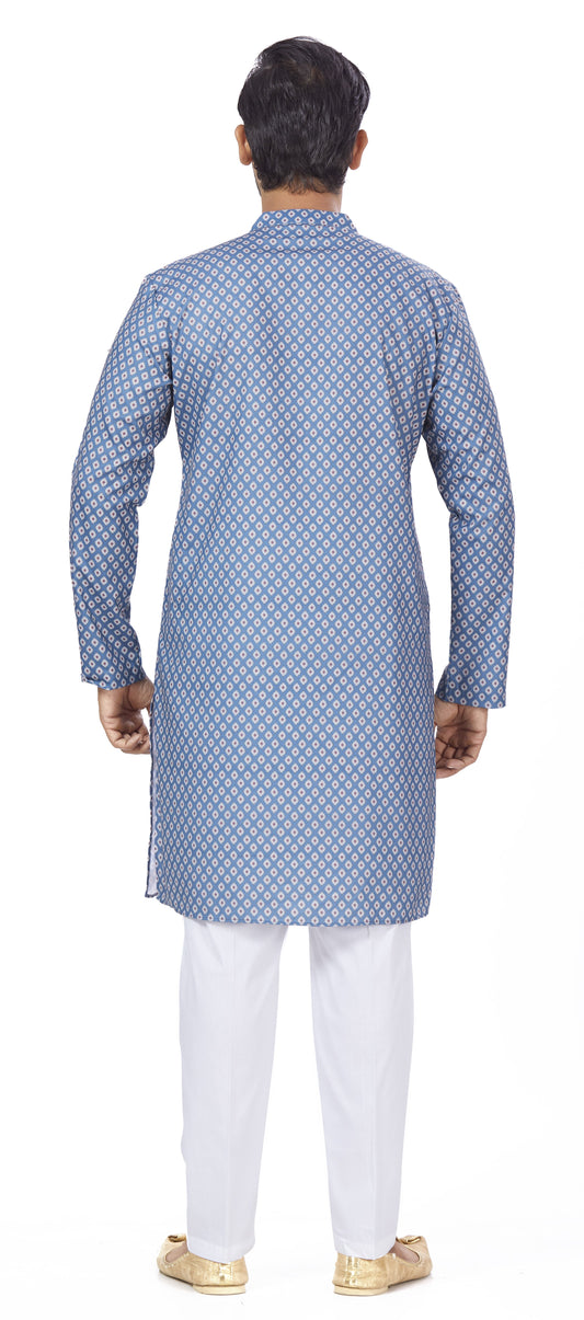 Men's Blue Linen Cotton Blended Relaxed Fit Knee Length Kurta (Design 105)