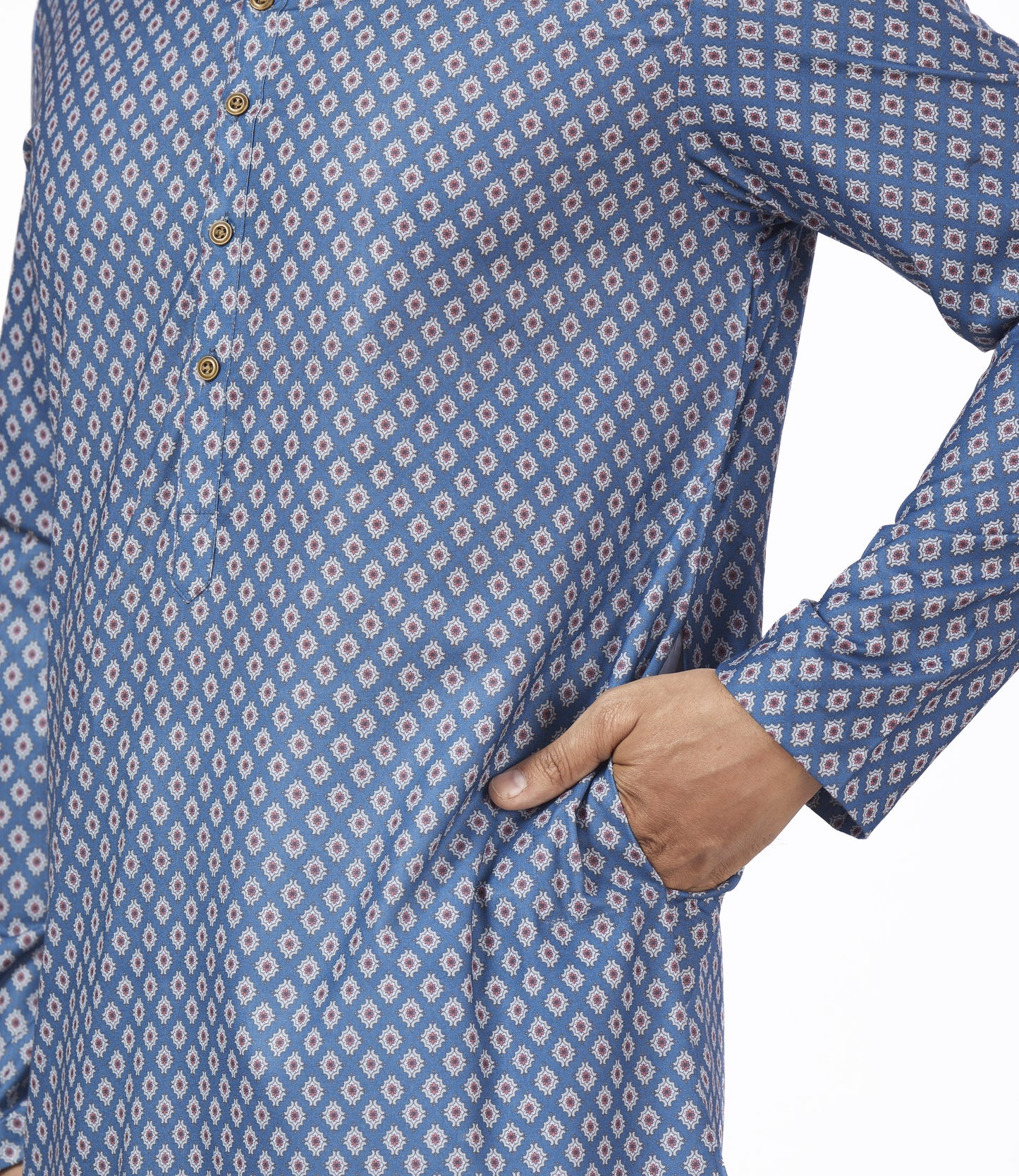 Men's Blue Linen Cotton Blended Relaxed Fit Knee Length Kurta (Design 105)