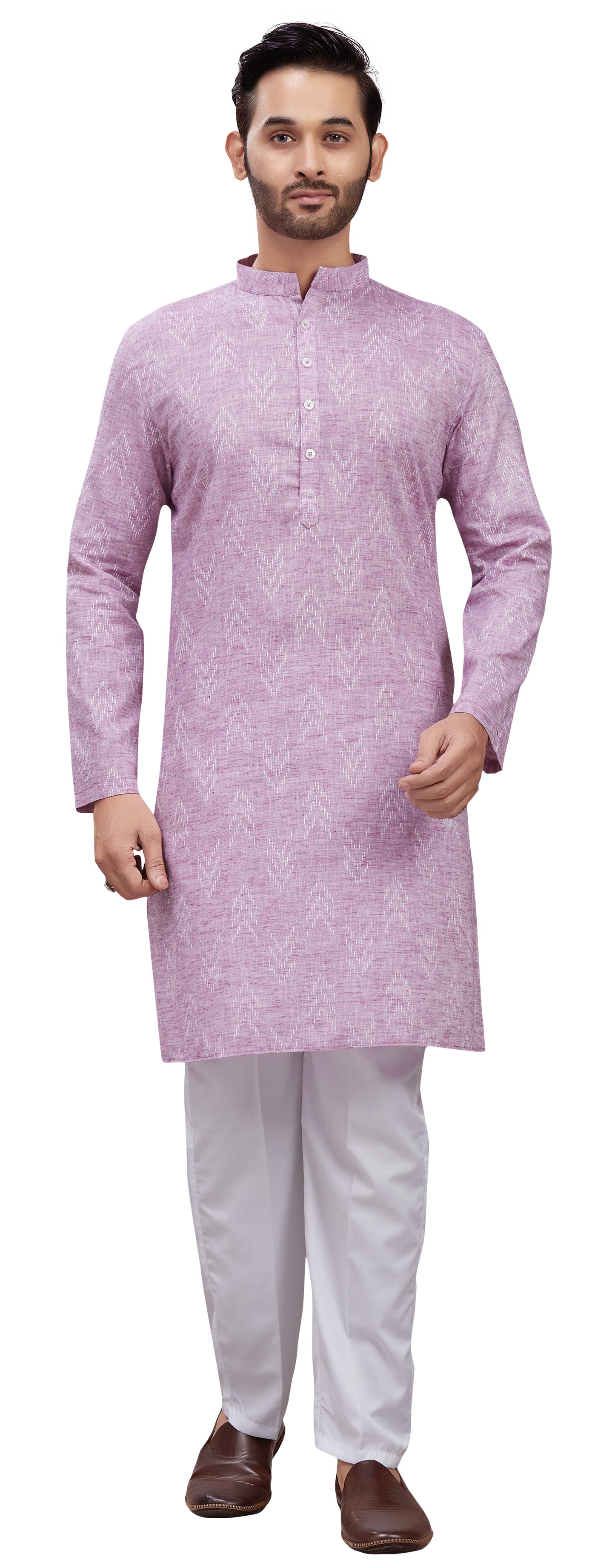 Men's Onion Cotton Blend Relaxed Fit Ikat Printed Knee Length Kurta (Design 119)