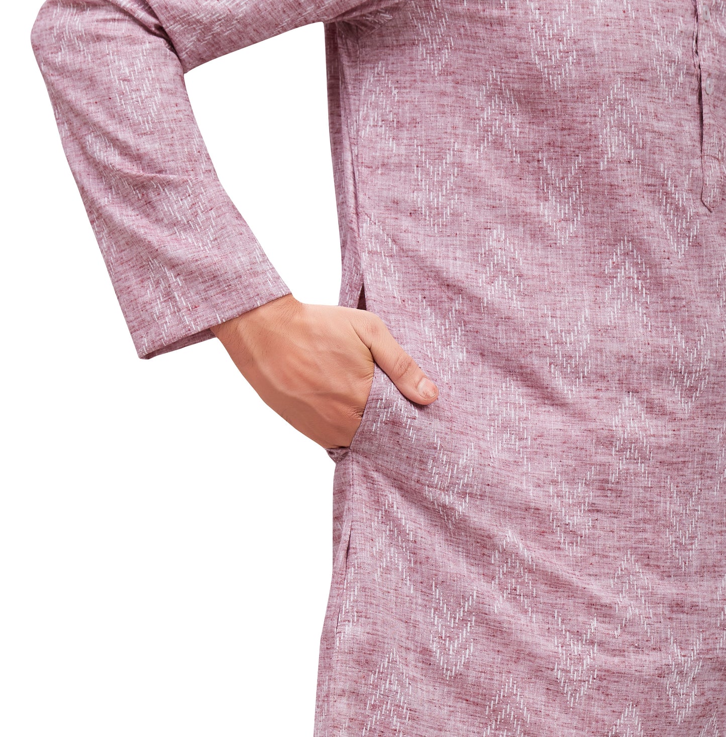 Men's Wine Cotton Blend Relaxed Fit Ikat Printed Knee Length Kurta (Design 119)