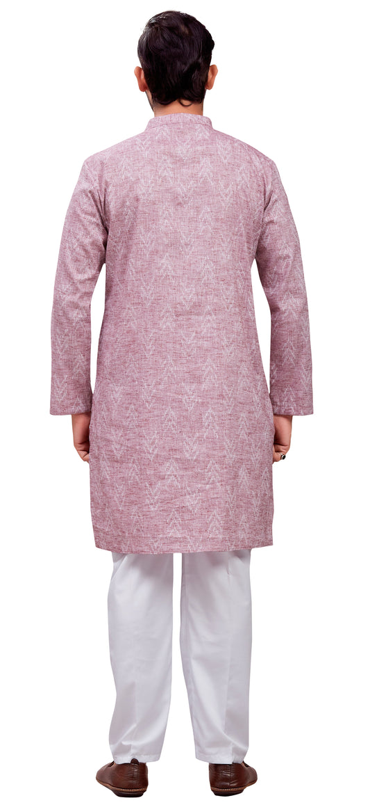 Men's Wine Cotton Blend Relaxed Fit Ikat Printed Knee Length Kurta (Design 119)