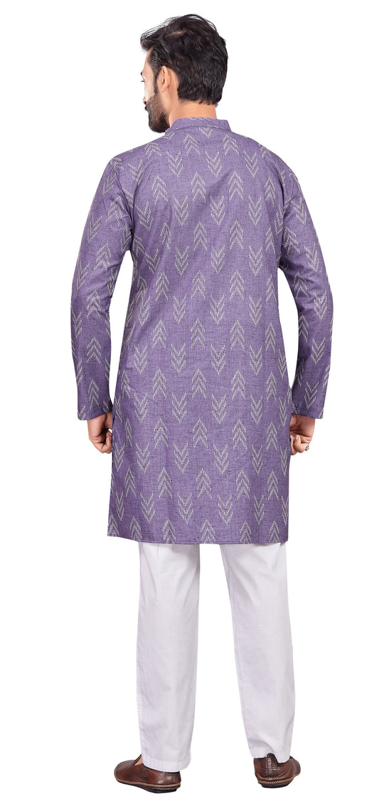Men's Lavender Cotton Blend Relaxed Fit Ikat Printed Knee Length Kurta (Design 119)