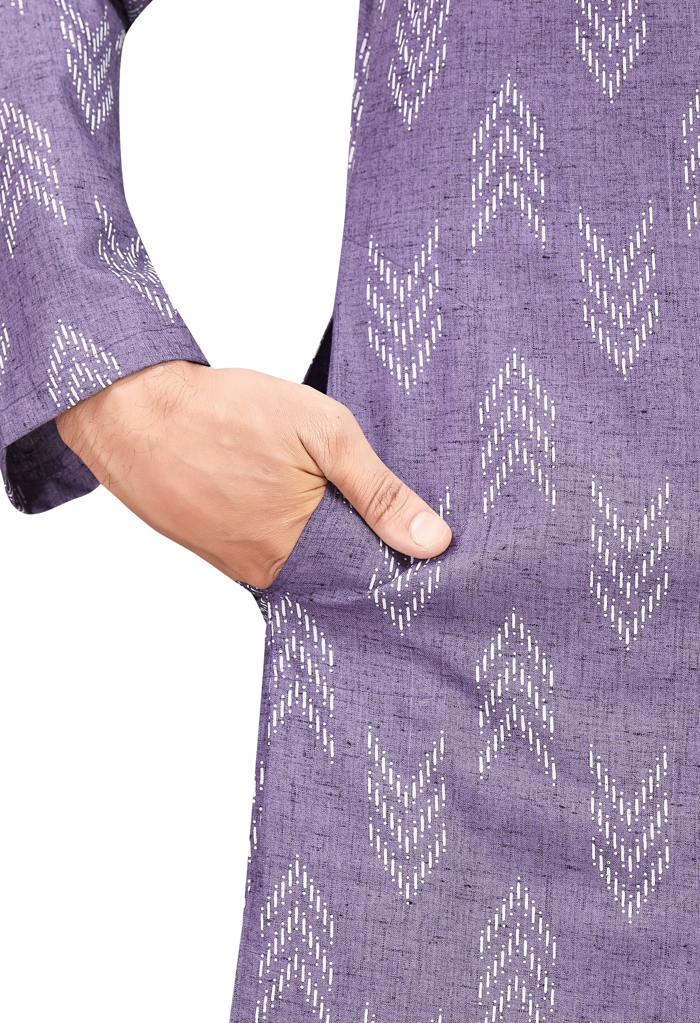 Men's Lavender Cotton Blend Relaxed Fit Ikat Printed Knee Length Kurta (Design 119)