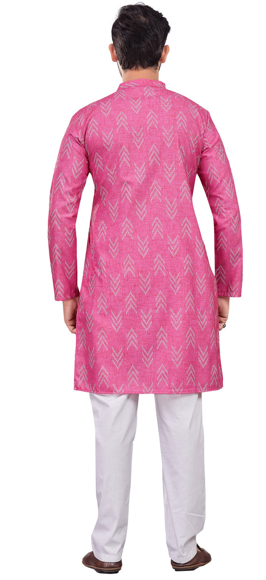 Men's Pink Cotton Blend Relaxed Fit Ikat Printed Knee Length Kurta (Design 119)