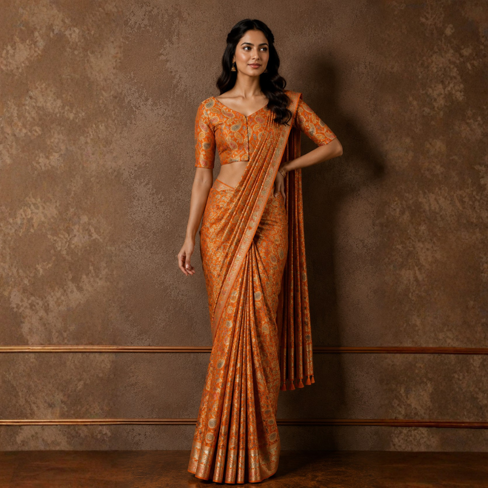 Studio Shringaar Women's Orange Paisley Brocade Readymade Saree Blouse (Design 3028)