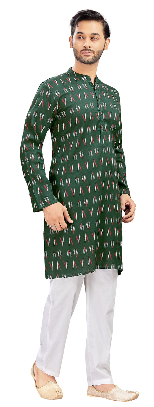 Men's Bottle Green Cotton Ikat Printed Knee Length Relax Fit Kurta (Design 188)