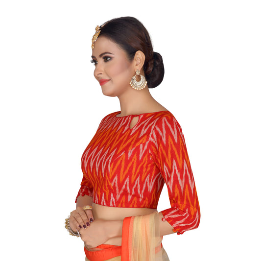 Women's Red Ikkat Pure Cotton Stitched Saree Blouse with Elbow Length Sleeves (2130 - Red)