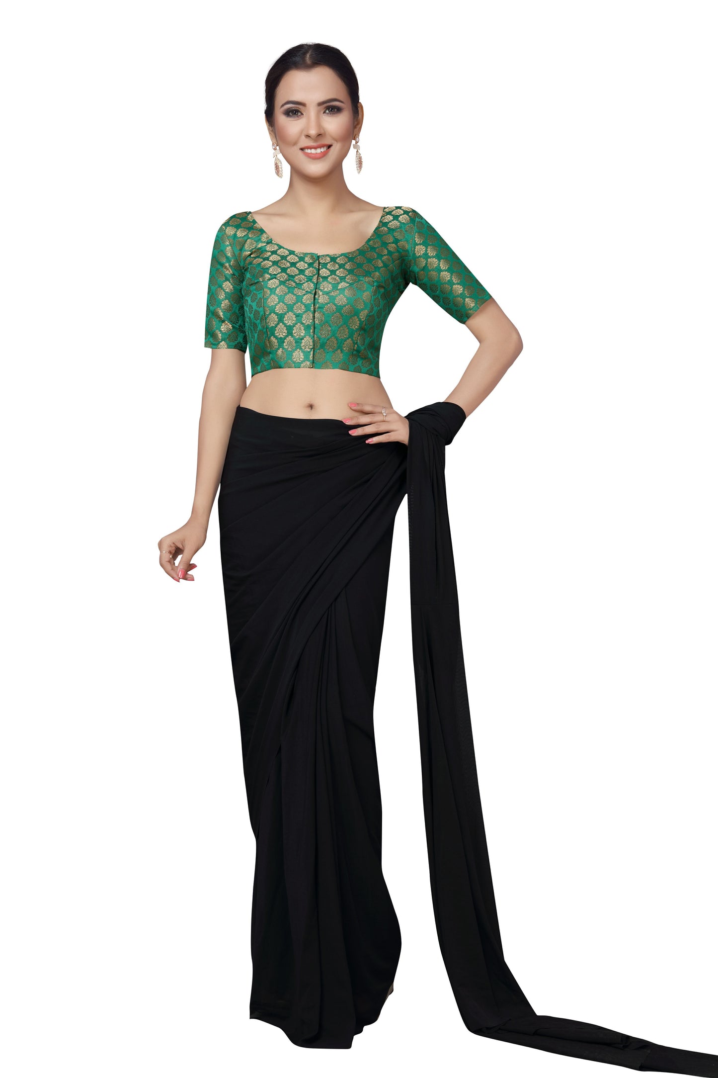 Women's Brocade Shorts Sleeves Saree Blouse (2150 - Green)