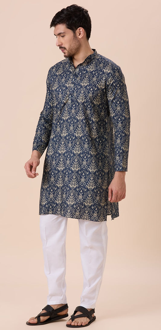 Men's Grey Cotton Ikat Printed Relaxed Fit Knee Length Kurta (Design 218)