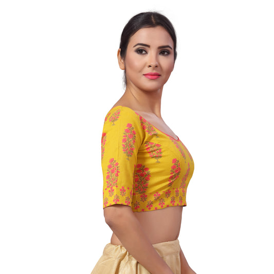 Women's Plus Size Jaipuri Block Printed Pure Cotton Saree Blouse with Elbow Length Sleeves Saree Blouse (2205 - Yellow)