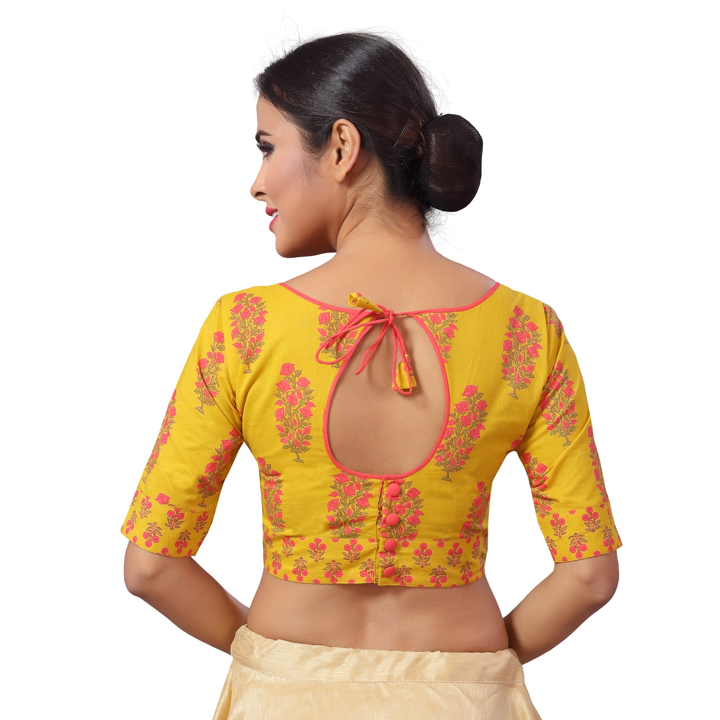 Women's Plus Size Jaipuri Block Printed Pure Cotton Saree Blouse with Elbow Length Sleeves Saree Blouse (2205 - Yellow)