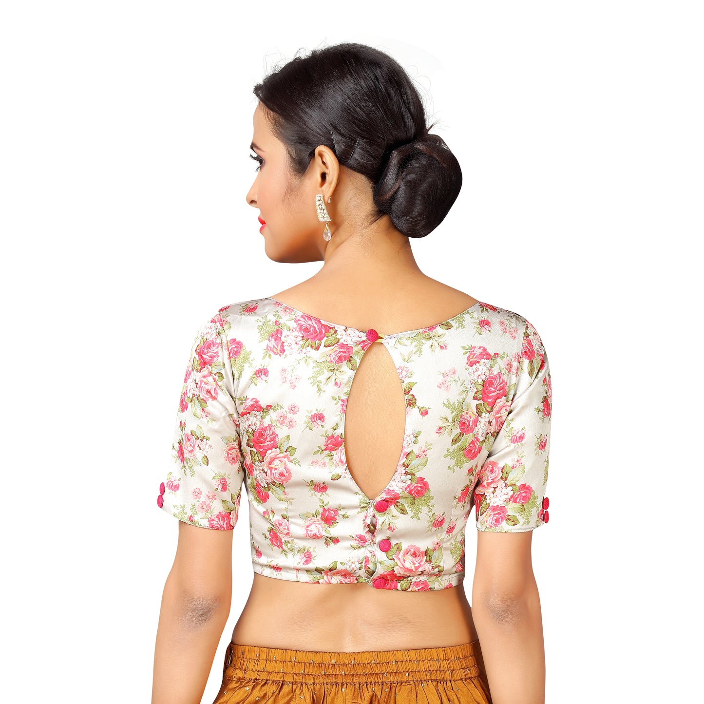 Women's Polyester Printed Short Sleeves Saree Blouse (2293 - White)