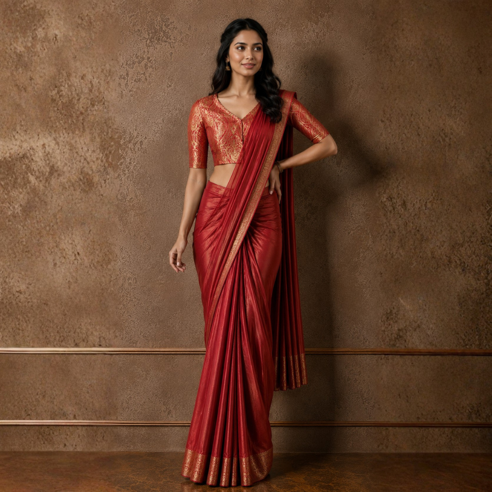 Studio Shringaar Women's Red Brocade Side Stretch ( Smocked ) Readymade Saree Blouse (Design 3026)