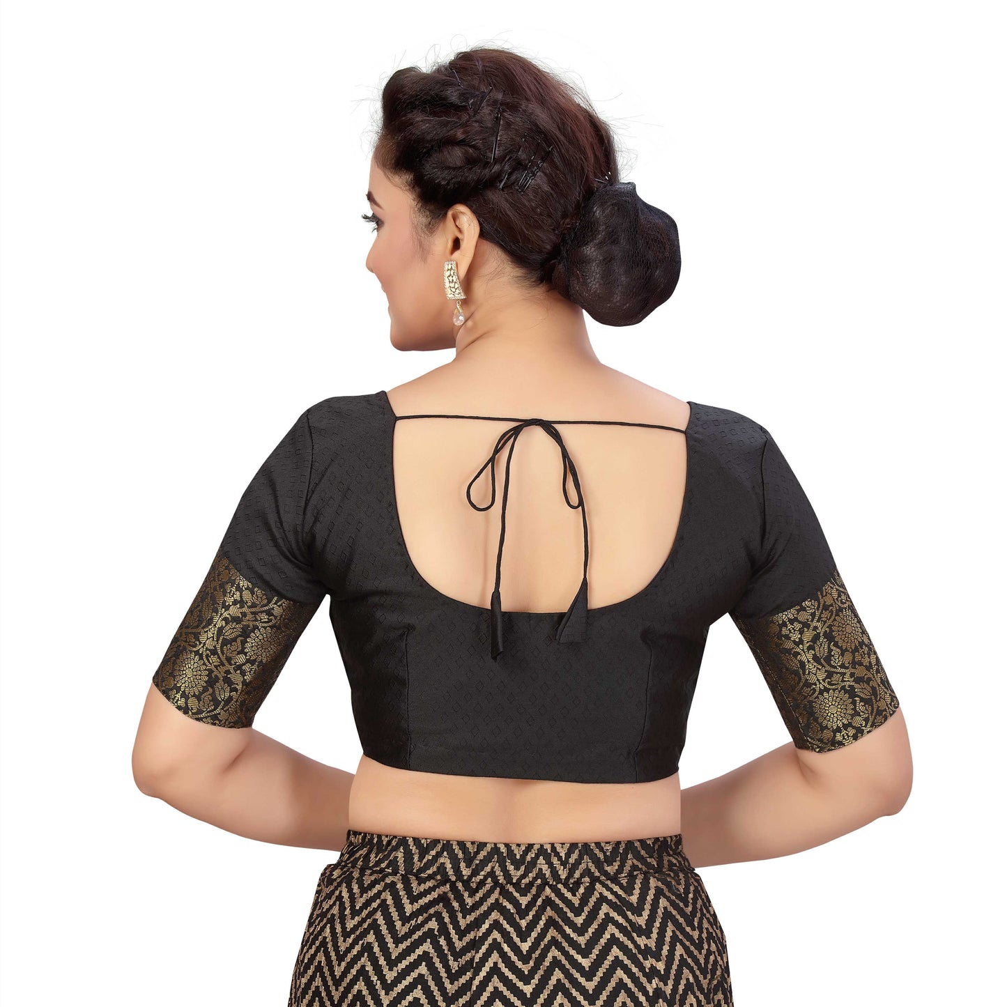 Women's Black Brocade Polyester Blouse with Golden Kanjivaram Border (Design 2333)