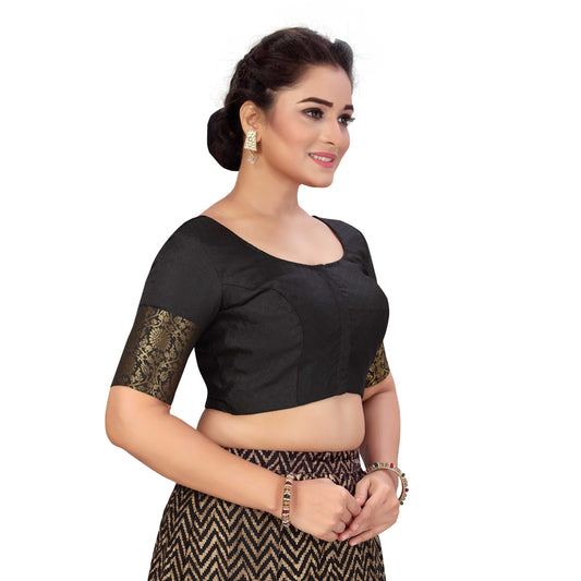 Women's Black Brocade Polyester Blouse with Golden Kanjivaram Border (Design 2333)