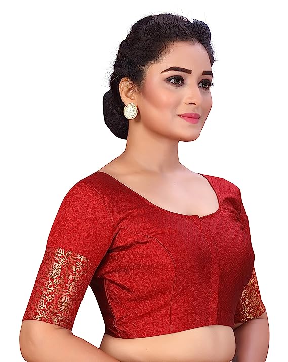 Women's Maroon Brocade Polyester Blouse with Golden Kanjivaram Border (Design 2333)