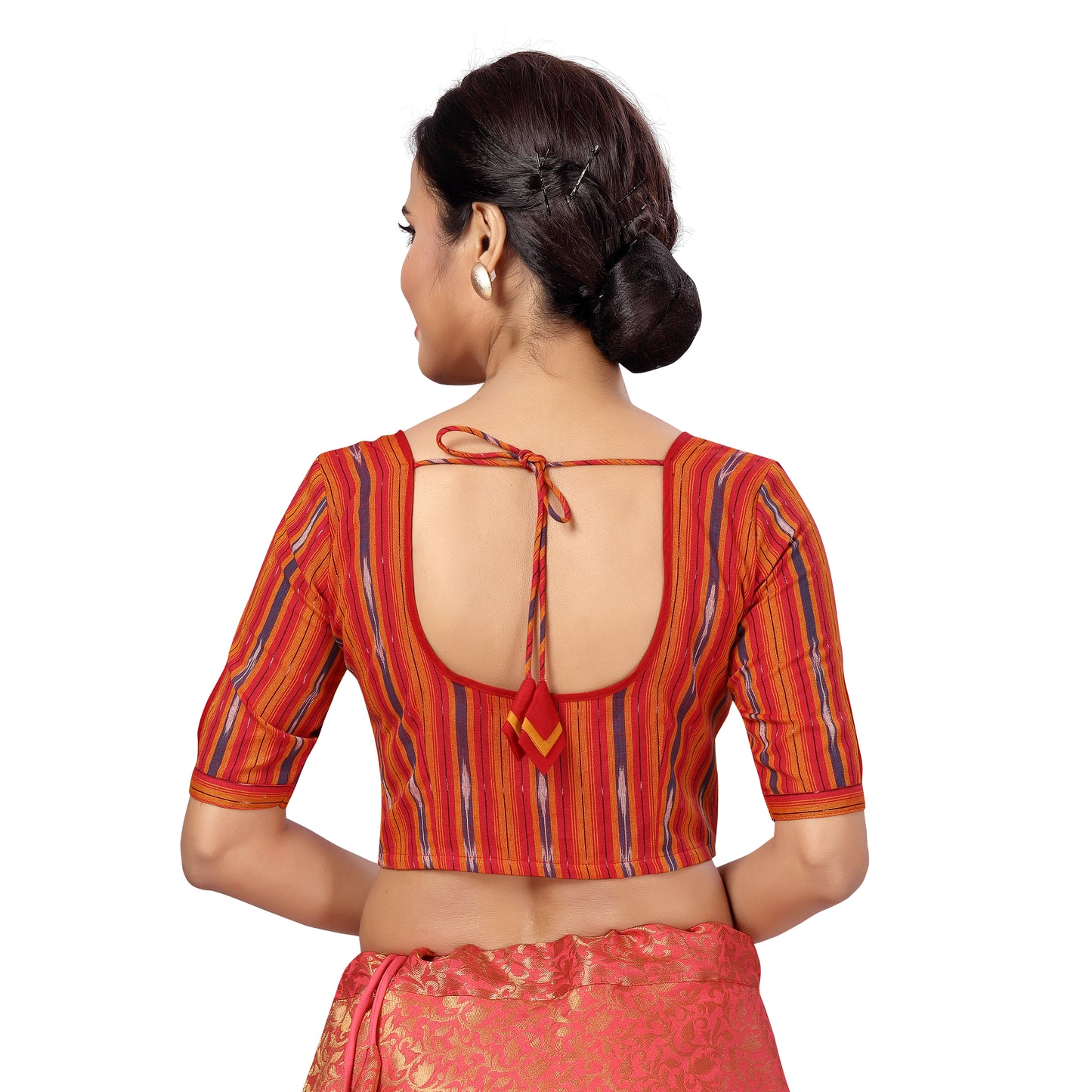 Women's Pure Cotton Ikat Elbow Length Sleeves Saree Blouse (2415 - Red)