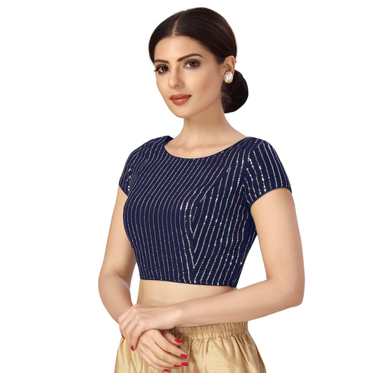 Women's Polyester Cap Sleeves Sequin Embroidery Saree Blouse. (2479 - Navy Blue)