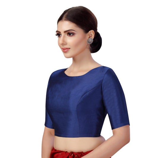 Women's Polyester Elbow Length Sleeves Plain Coloured Saree Blouse (2547 - Navy Blue)