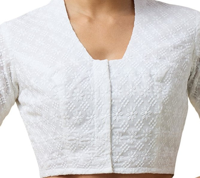 Women's White Chikankari Cotton Blouse (Design 2583)