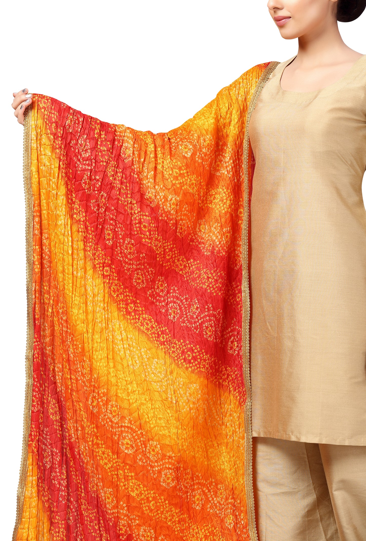Women's Vegan Silk Multi Coloured Bandhni Dupatta (42" X 2.5 Meters) (2620 - Orange)