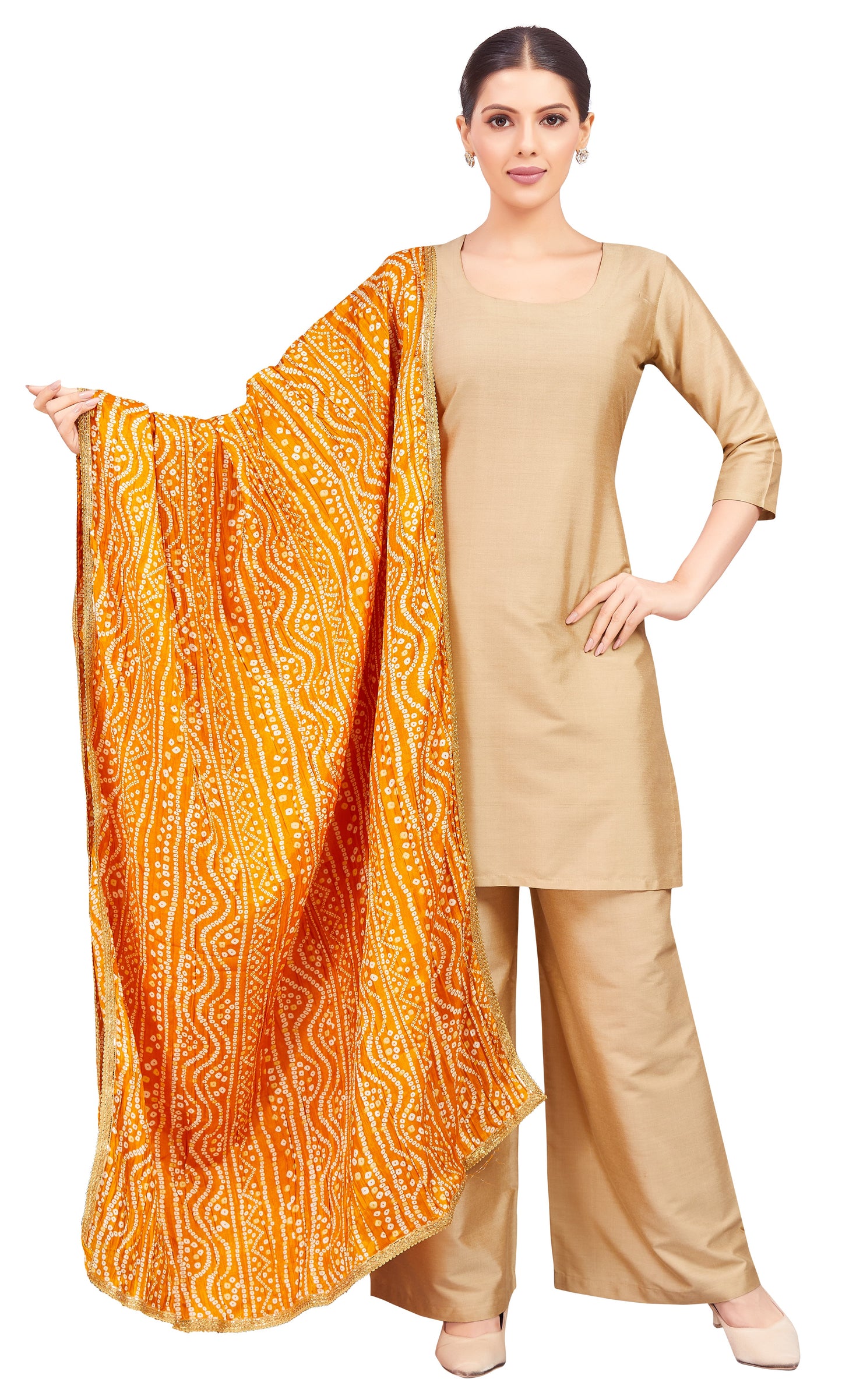 Women's Vegan Silk Crushed Bandhni Dupatta (42" X 2.5 Meters) (2621 - Yellow)
