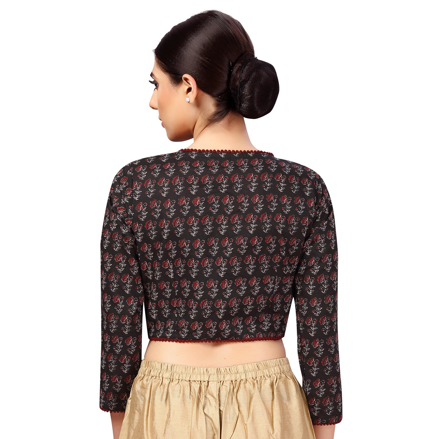 Women's Black & Maroon Block Print Cotton Blouse (Design 2623)