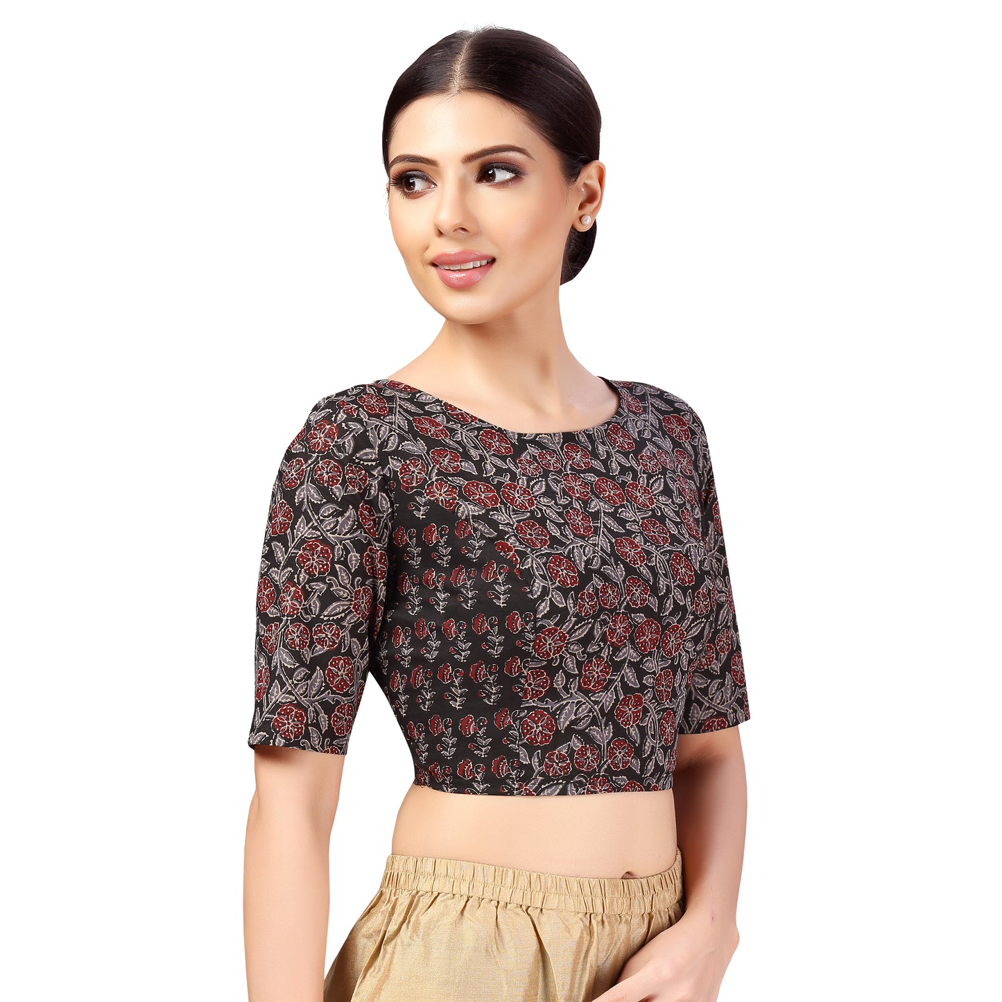 Women's Cotton Elbow Length Block Printed Boat Neck Saree Blouse (2626 - Black and Maroon)