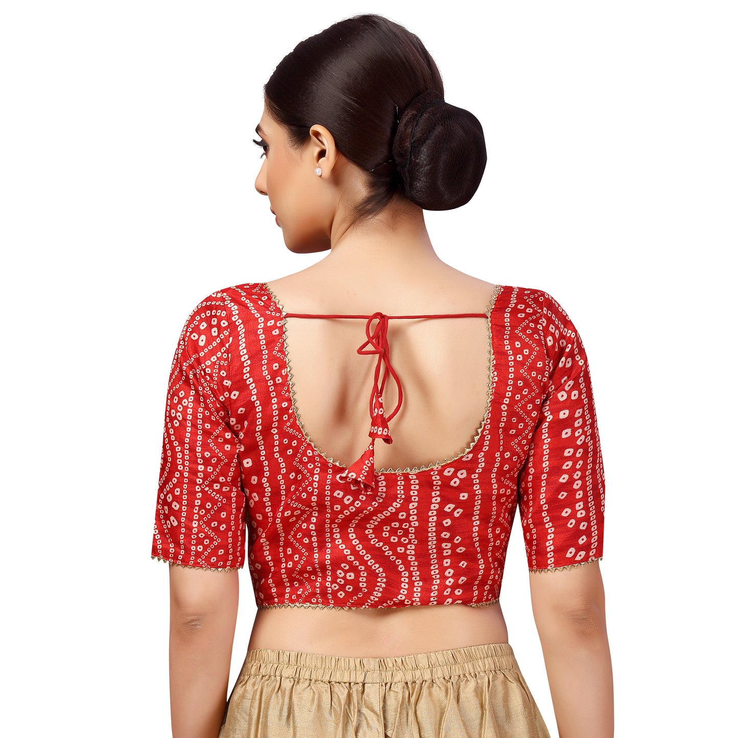 Women's Polyester Elbow Length Sleeves Bandhani Print Silky Saree Blouse (2631 - Red)