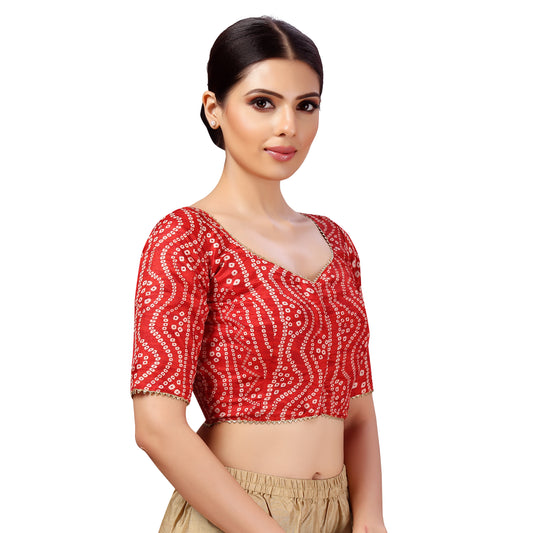 Women's Polyester Elbow Length Sleeves Bandhani Print Silky Saree Blouse (2631 - Red)