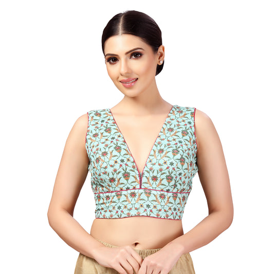 Women's Chikankari with Print Sleeveless Padded Saree Blouse (2635 - Sky Blue)