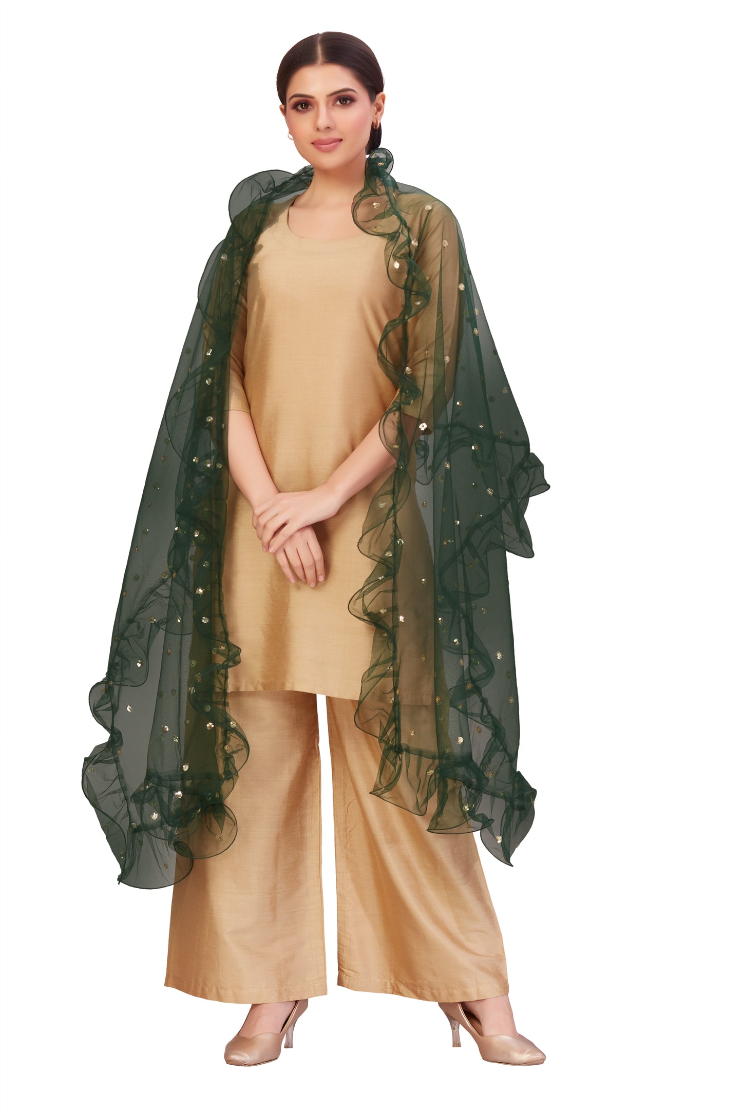 Women's Net Ruffled Dupatta (2.45 Meters) (2658 - Green)