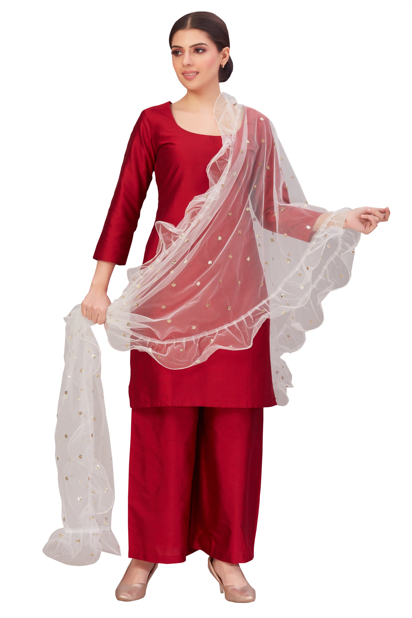 Women's Net Ruffled Dupatta (2.45 Meters) (2658 - White)