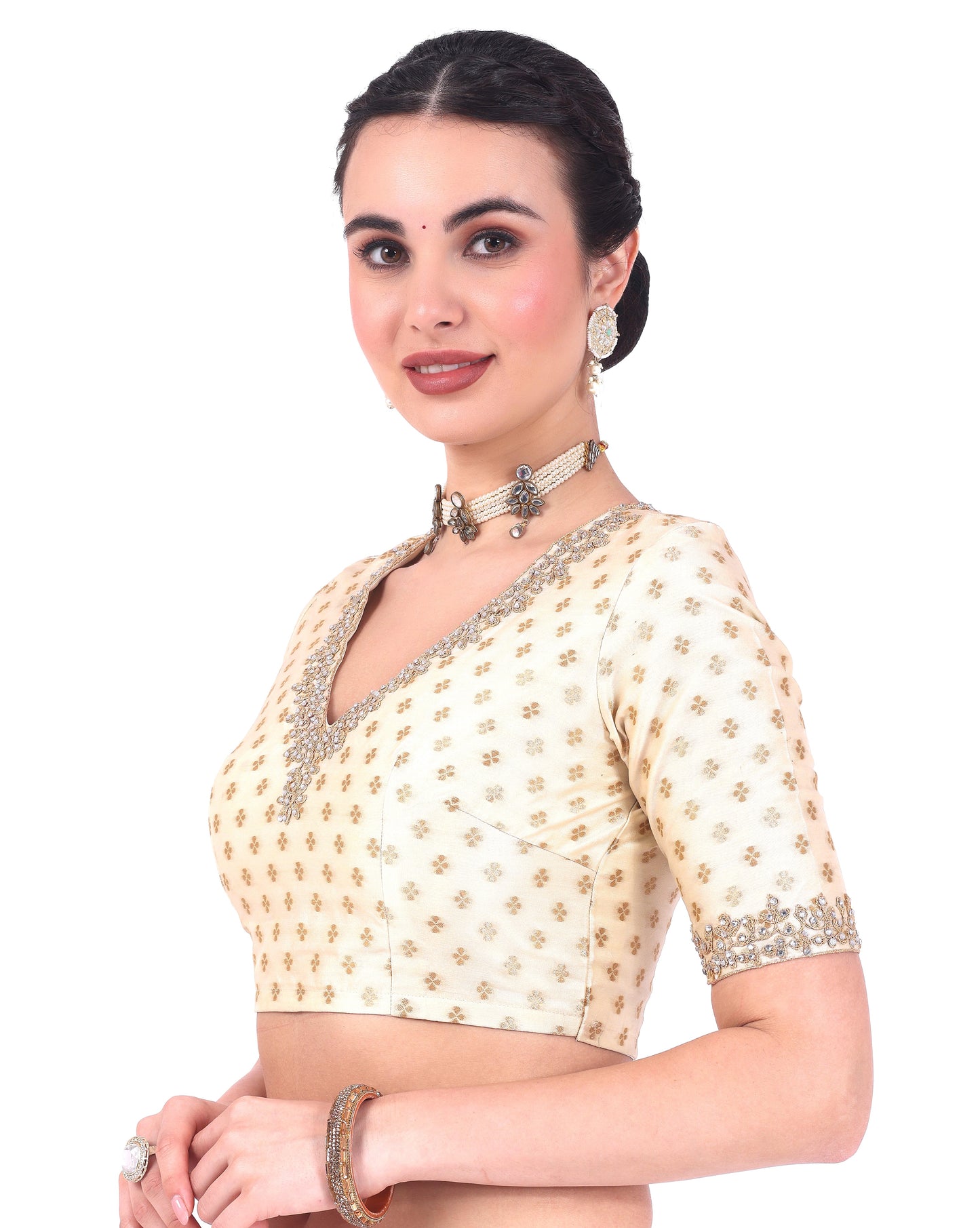 Women's Cream Benaras Brocade Blouse (Design 2666)