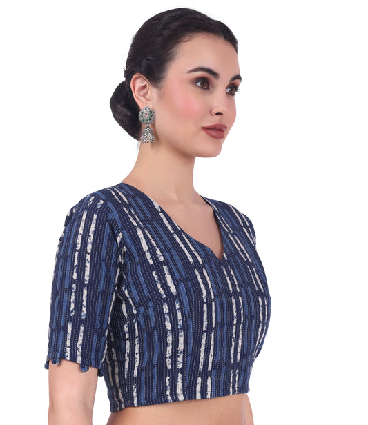 Women's Indigo Blue Cotton Printed Saree Blouse with Elbow Length Sleeves (Design 2732)