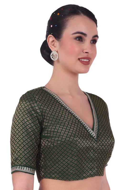 Women's Green Brocade Readymade Embroidered Saree Blouse (Design 2761)