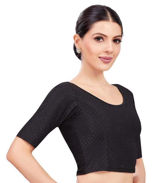 Women's Black Cotton Knitted Stretchable Saree Blouse (Design 2763)