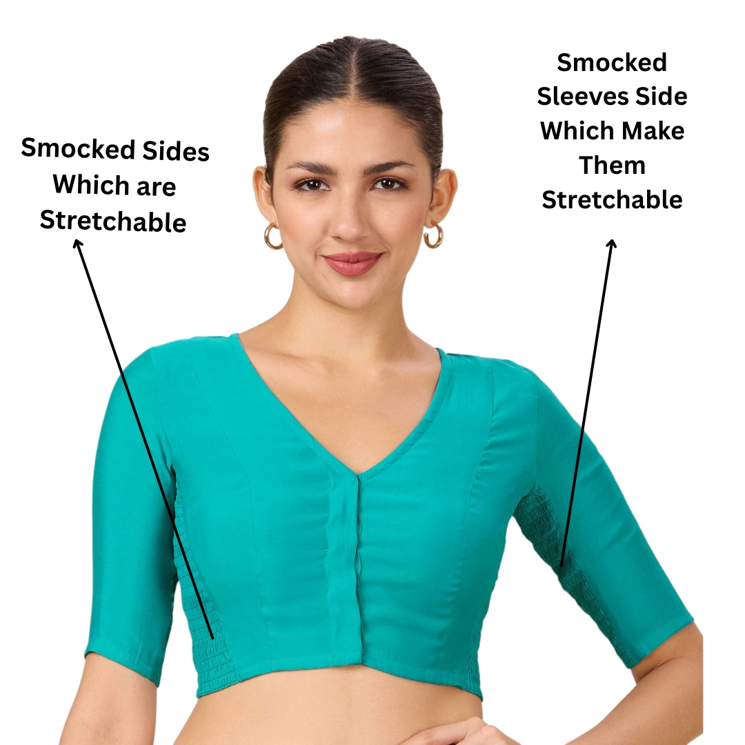Studio Shringaar Women's Firozi Cotton Silk Stretchable (Smocked) Readymade Saree Blouse (Design 2816)