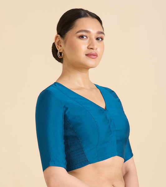 Studio Shringaar Women's Midnight Blue Cotton Silk Stretchable (Smocked) Readymade Saree Blouse (Design 2826)