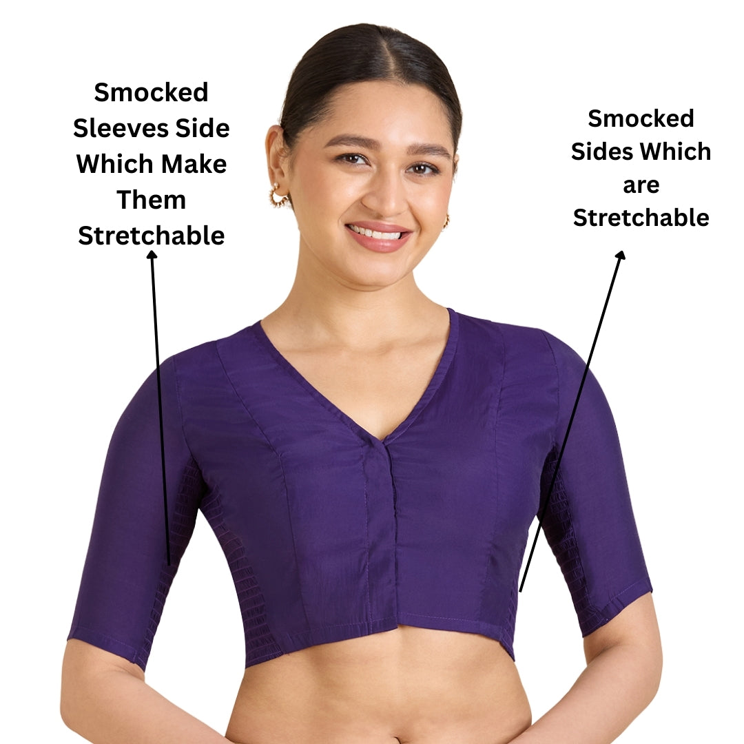 Studio Shringaar Women's Purple Cotton Silk Stretchable (Smocked) Readymade Saree Blouse (Design 2826)