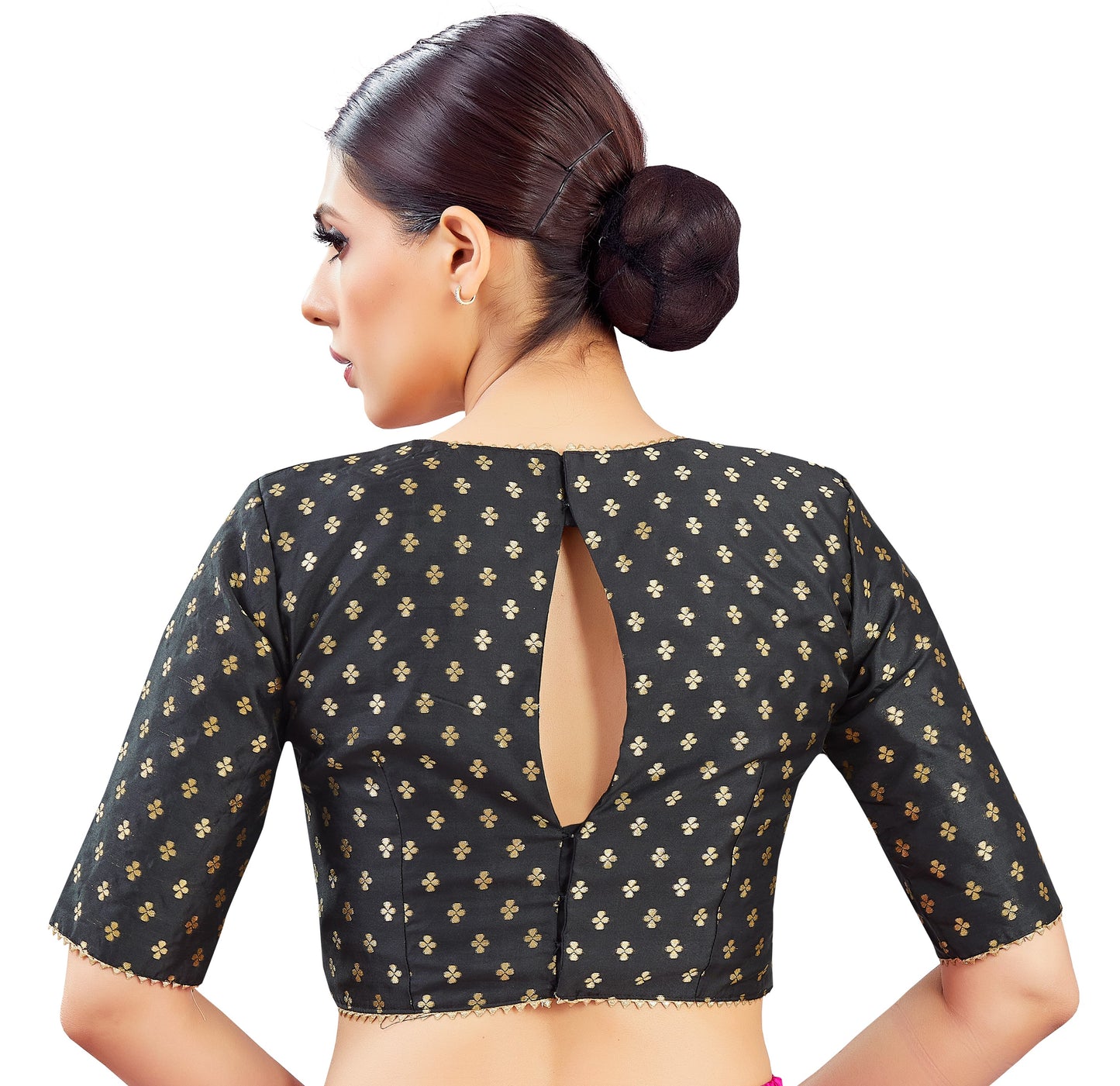 Studio Shringaar Women's Black Brocade Sweetheart Neck Padded Saree Blouse (Design 2832)