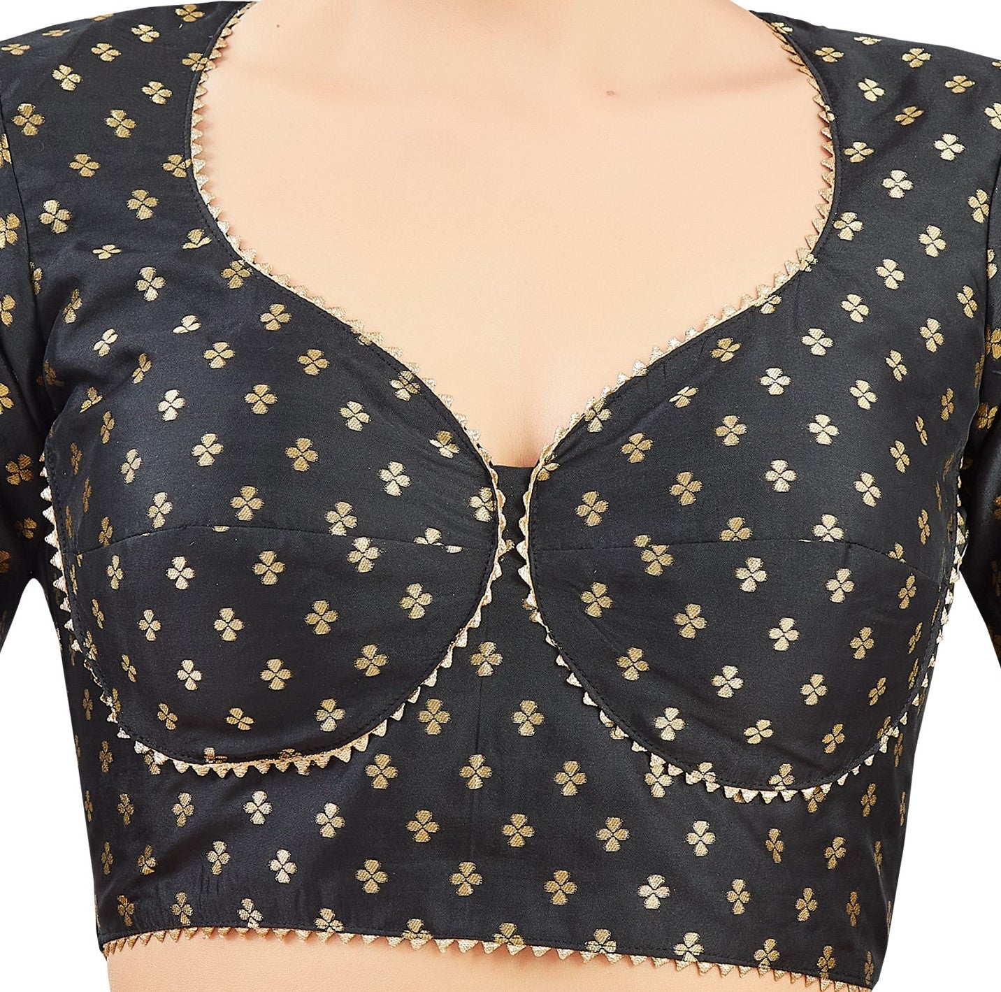 Studio Shringaar Women's Black Brocade Sweetheart Neck Padded Saree Blouse (Design 2832)