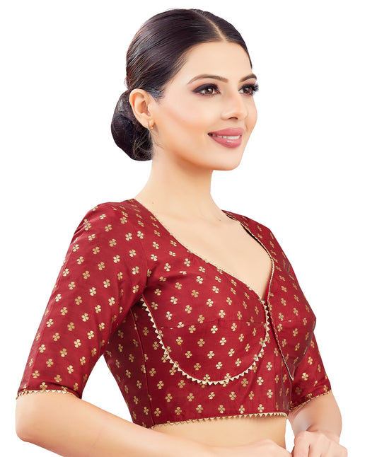 Studio Shringaar Women's Maroon Brocade Sweetheart Neck Padded Saree Blouse (Design 2832)