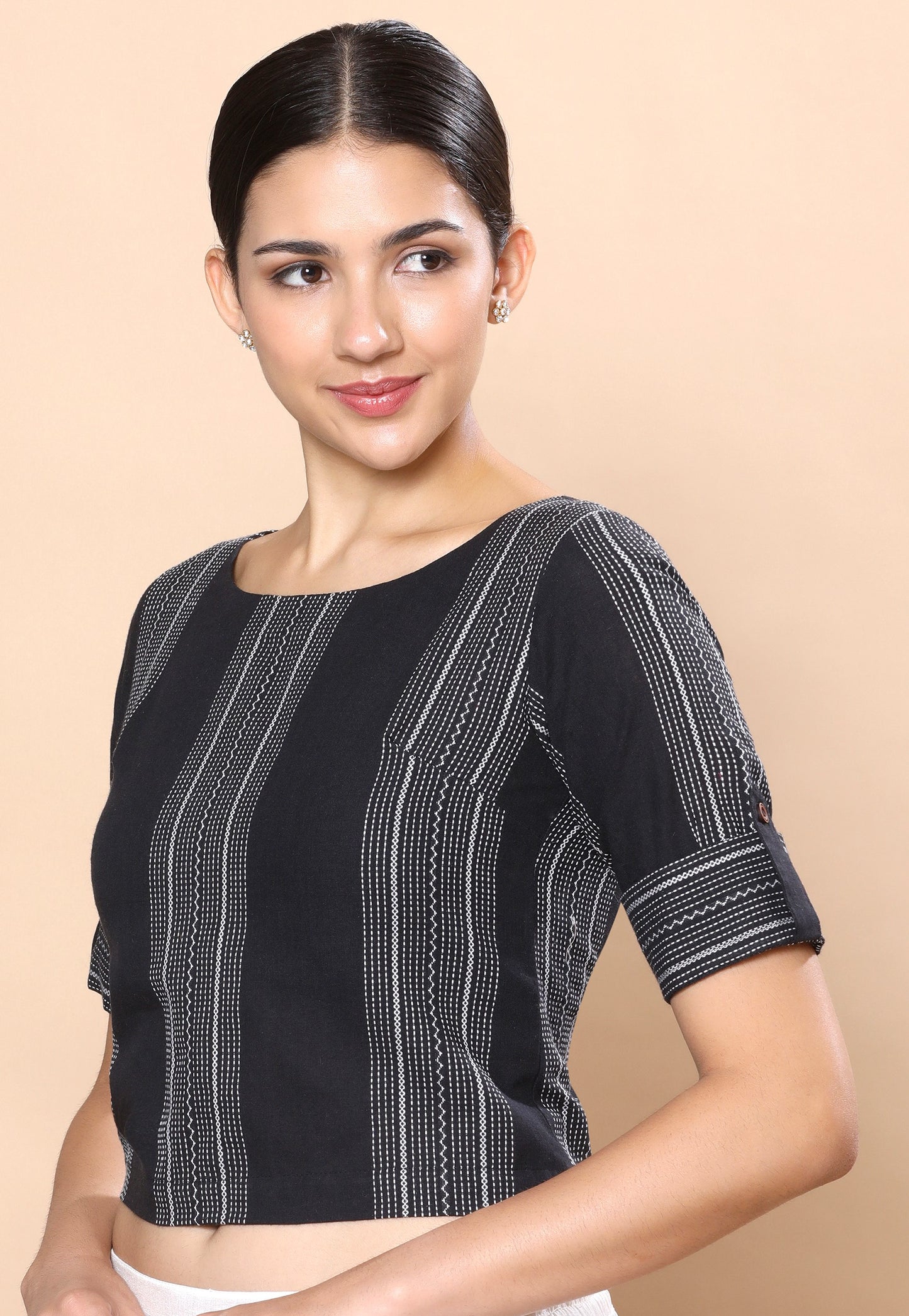 Studio Shringaar Women's Black Handloom Cotton Croptop Saree Blouse (Design 2843)