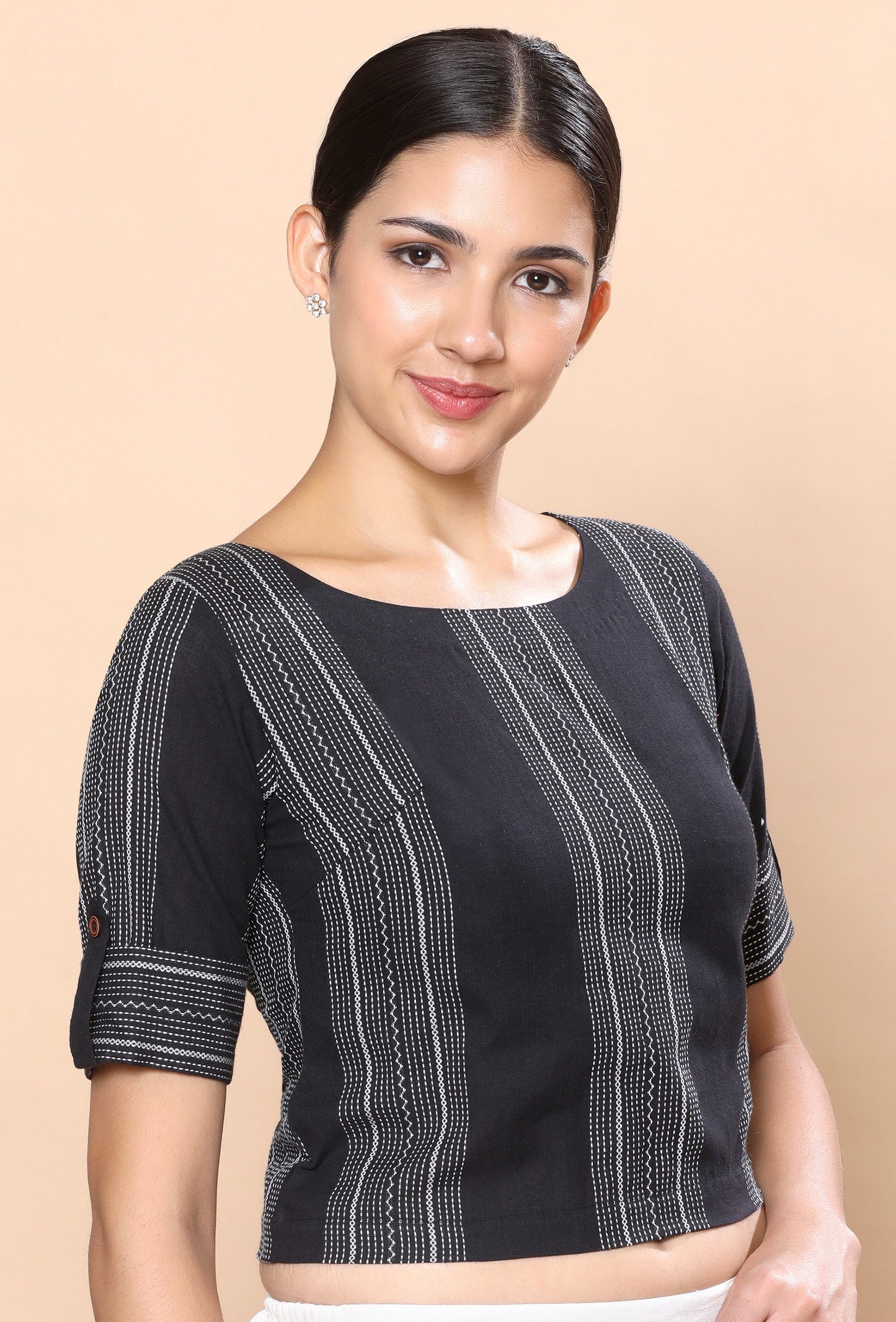 Studio Shringaar Women's Black Handloom Cotton Croptop Saree Blouse (Design 2843)