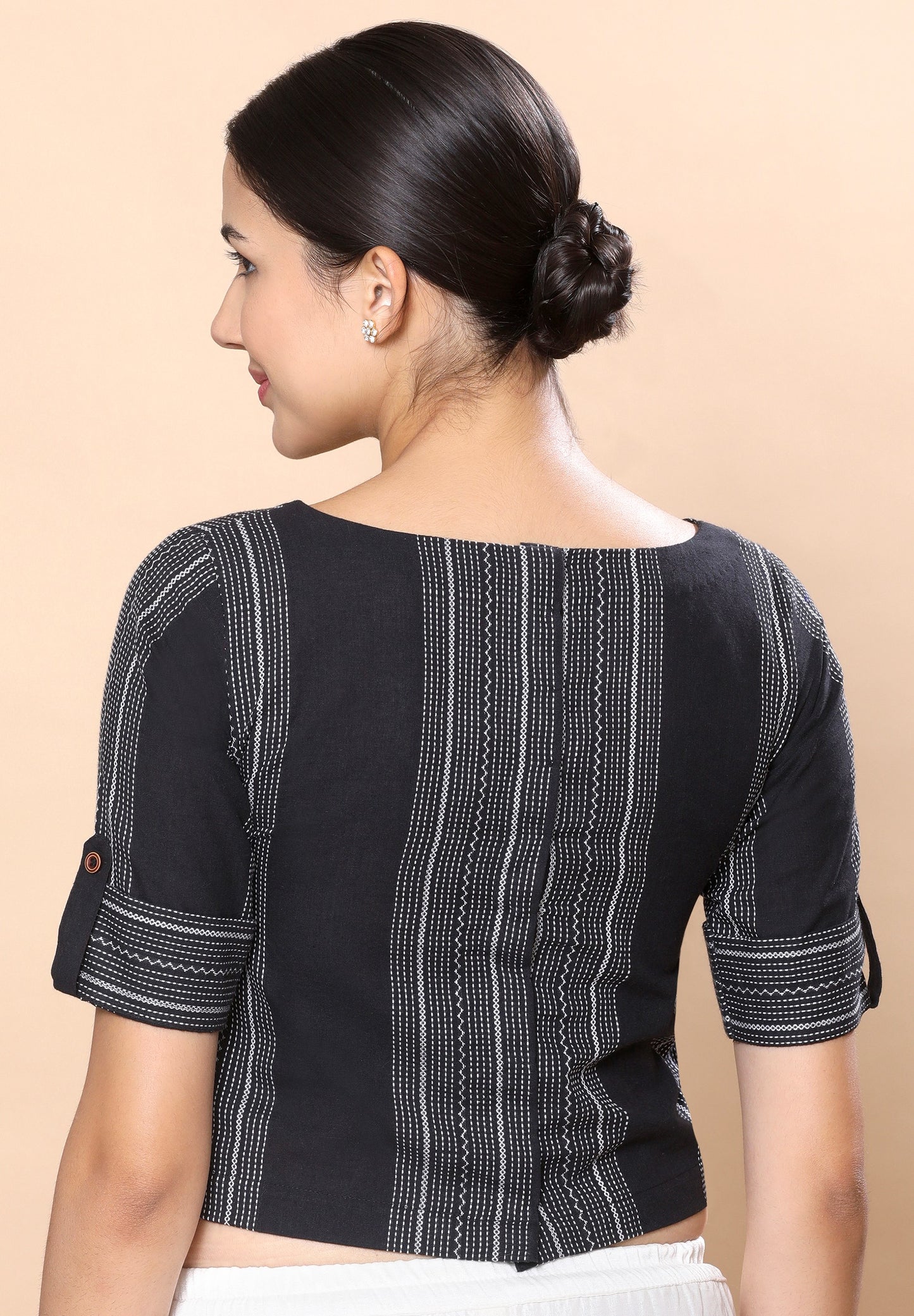 Studio Shringaar Women's Black Handloom Cotton Croptop Saree Blouse (Design 2843)