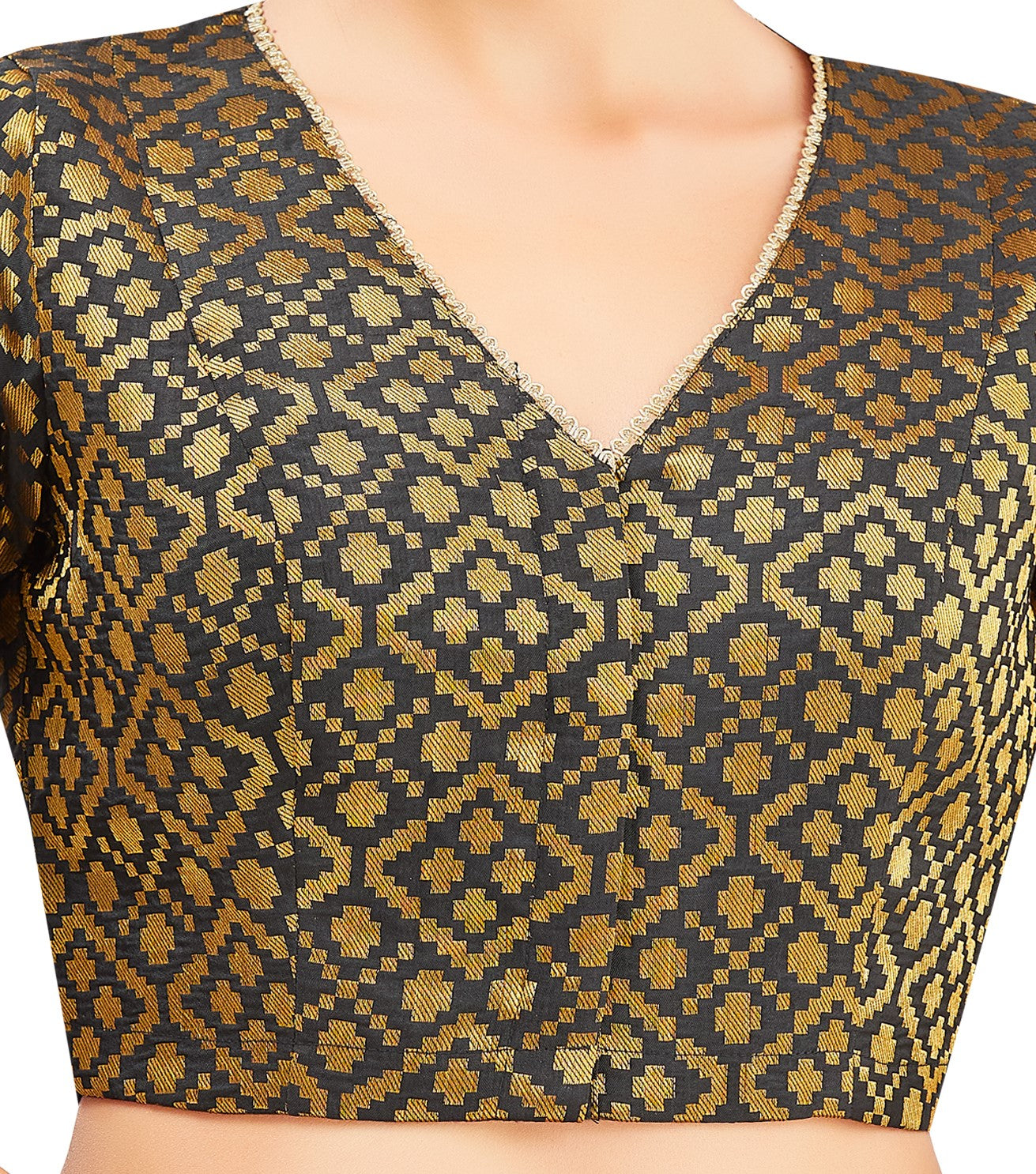 Studio Shringaar Women's Black Benaras Brocade V-Neck Readymade Saree Blouse (Design 2850)