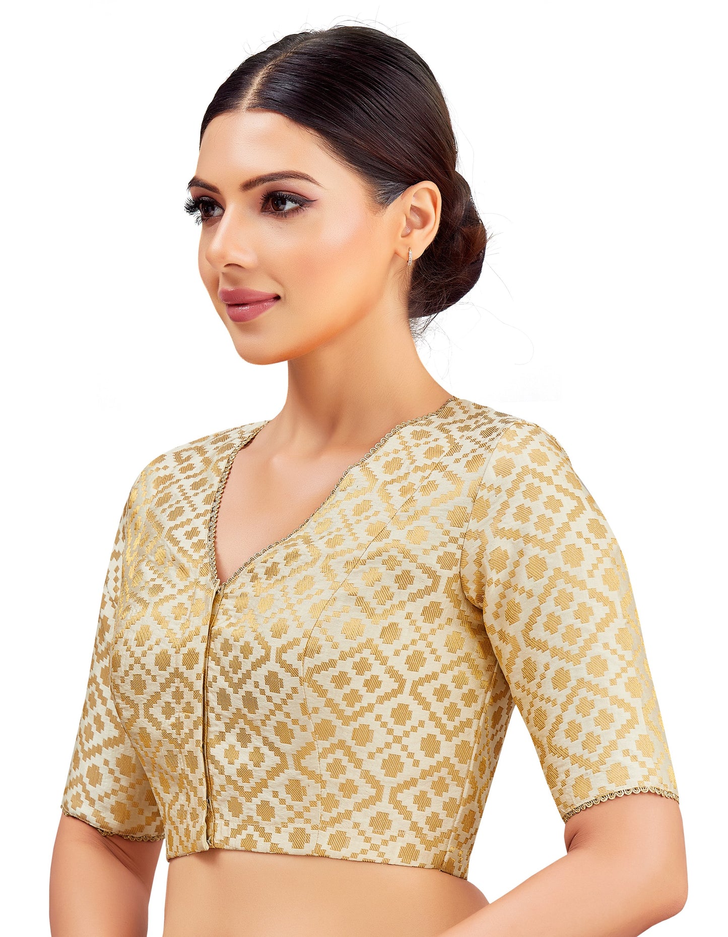 Studio Shringaar Women's Cream Benaras Brocade V-Neck Readymade Saree Blouse (Design 2850)