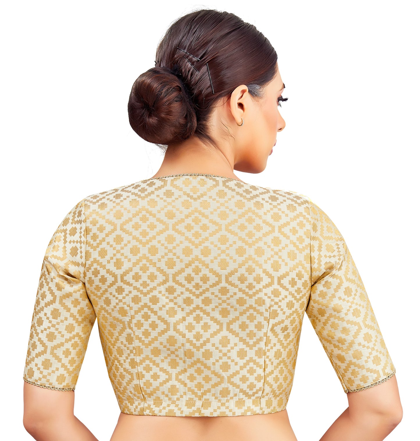 Studio Shringaar Women's Cream Benaras Brocade V-Neck Readymade Saree Blouse (Design 2850)